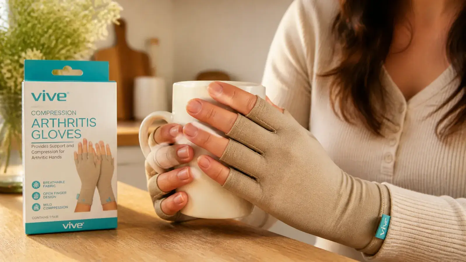 Hands wearing Vive open-finger compression gloves wrapped around a white ceramic coffee mug