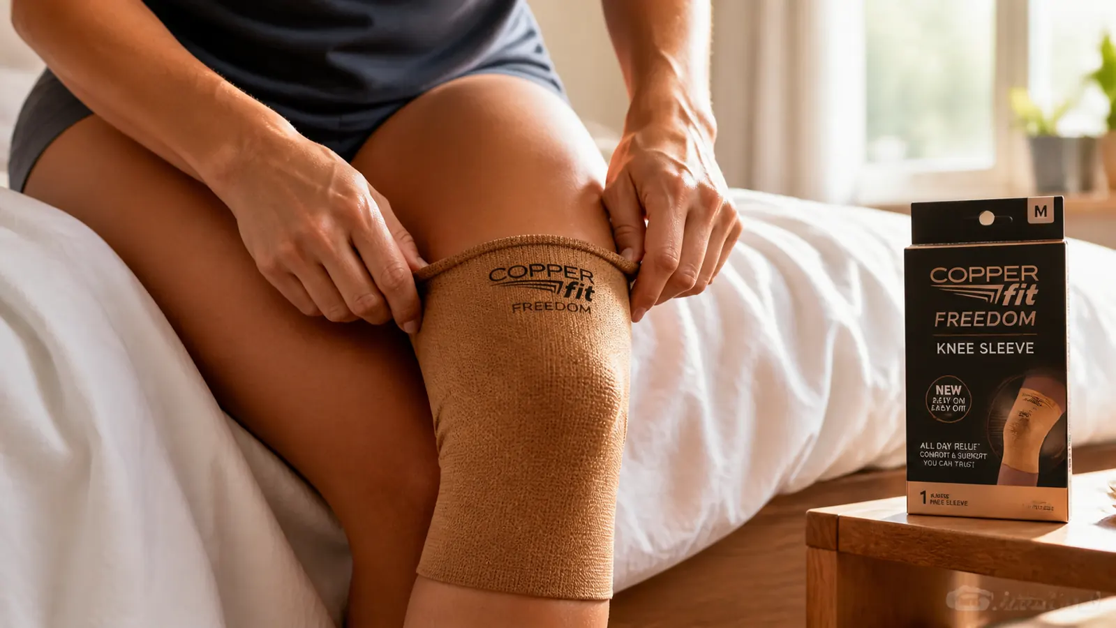 Close-up of hands pulling the Copper Fit Freedom Knee Sleeve up over a bare knee while sitting on the edge of a bed, morning light from a nearby window