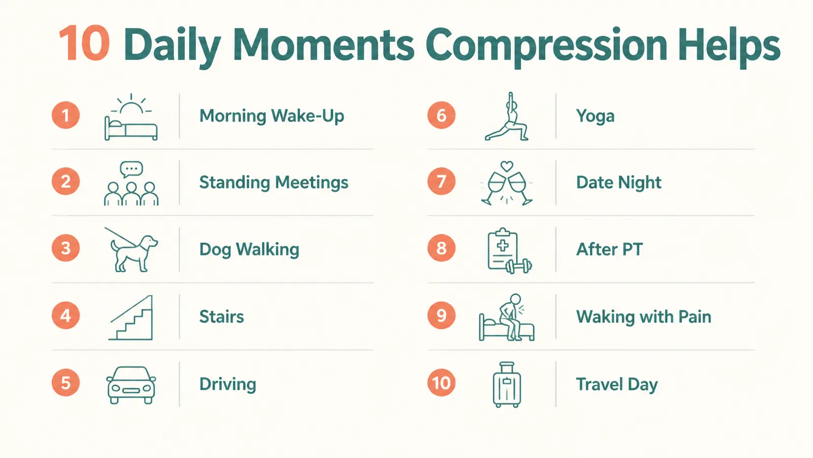 Infographic showing 10 daily life scenarios where knee compression helps, labeled with icons for morning stiffness, stairs, driving, yoga, travel, and more