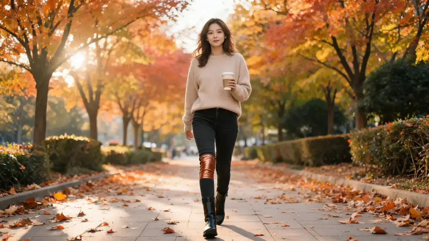 Woman in her early 30s walking outside on a leaf-covered sidewalk, wearing dark jeans, with the edge of a copper-colored knee sleeve just visible above her boot cuff, soft autumn light