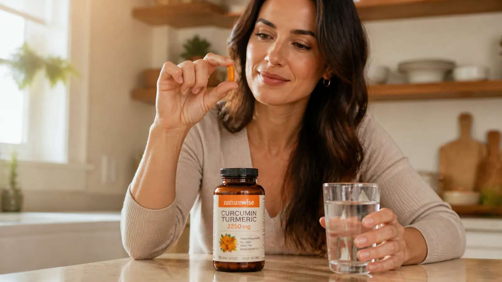 Person taking a NatureWise curcumin capsule with a glass of water at breakfast