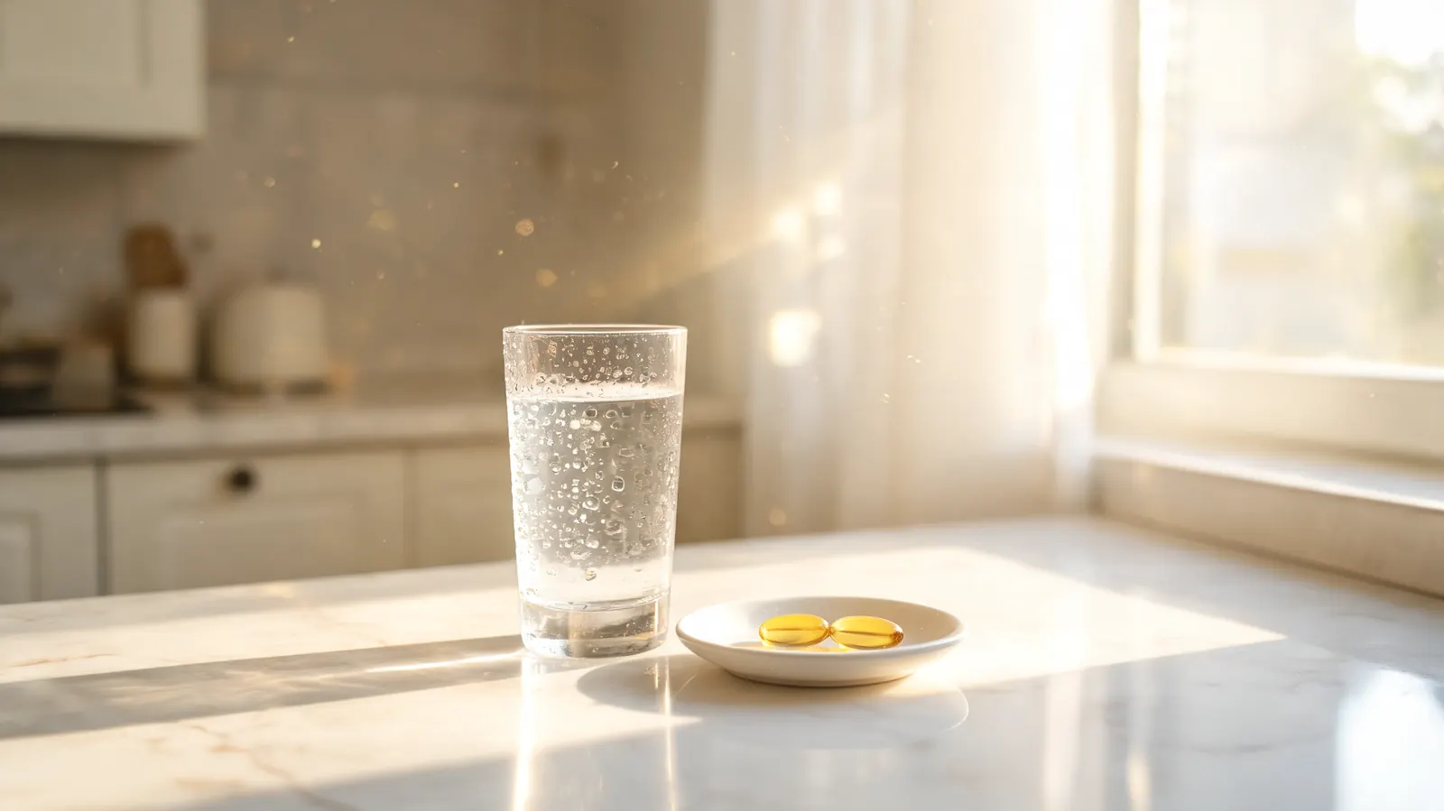 Glass of water and two NatureWise curcumin capsules in a small ceramic dish on a kitchen counter in soft morning light