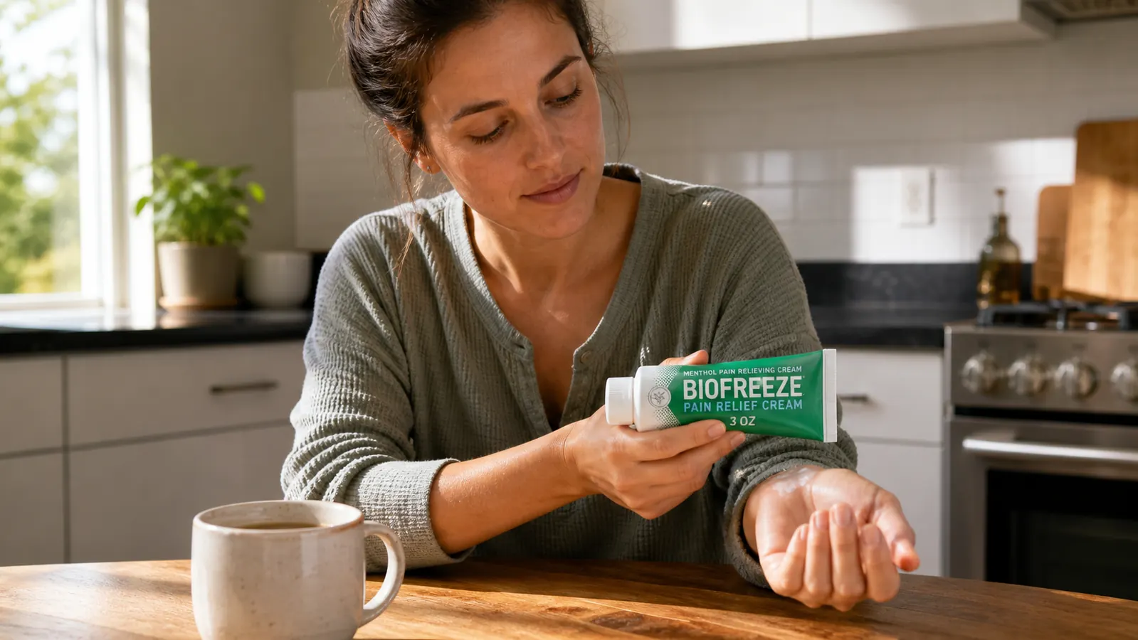 Person sitting at a kitchen table applying Biofreeze cream to their wrist, tube visible in hand