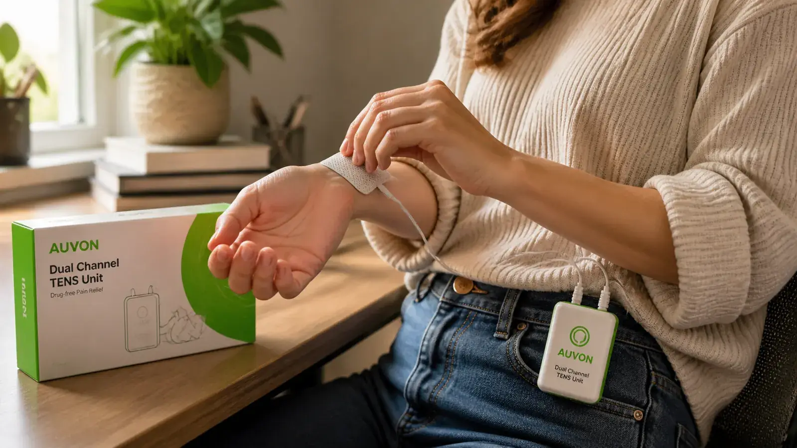 Person placing a TENS electrode pad on their wrist joint, AUVON TENS unit clipped to waistband, seated at a desk