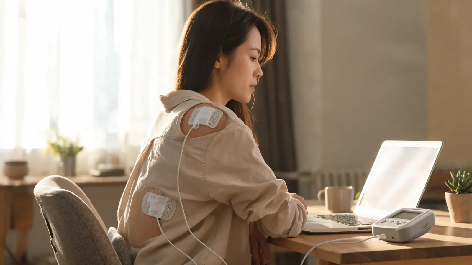 Young woman working from home at a laptop, TENS electrode pads visible on her shoulder and lower back, AUVON device on the desk beside her
