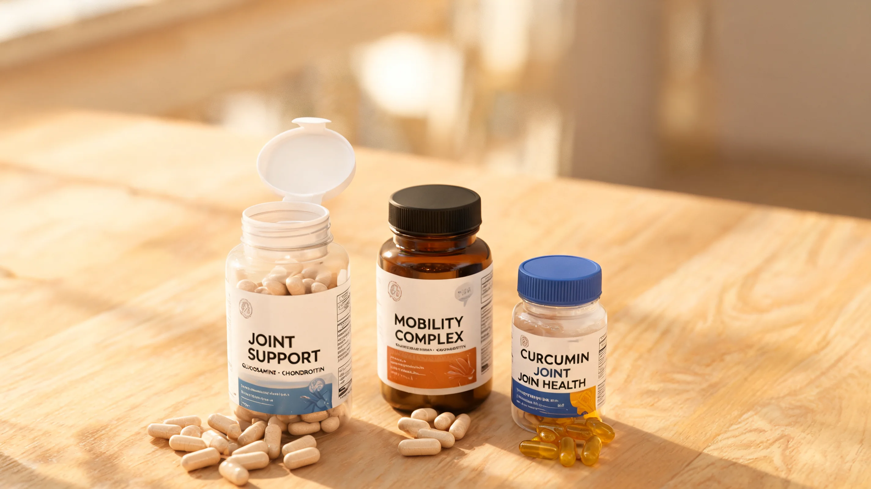 Joint health supplements arranged on a clean surface
