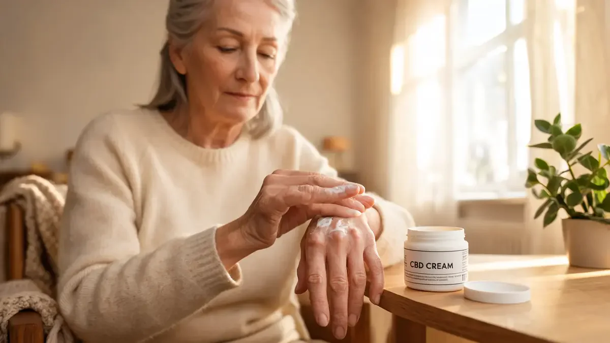 Woman holding a CBD oil bottle, warm kitchen light, thoughtful expression