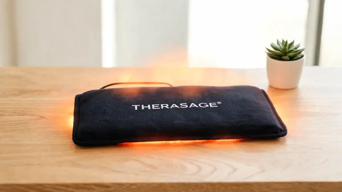Therasage infrared heating pad on a white surface with warm amber glow