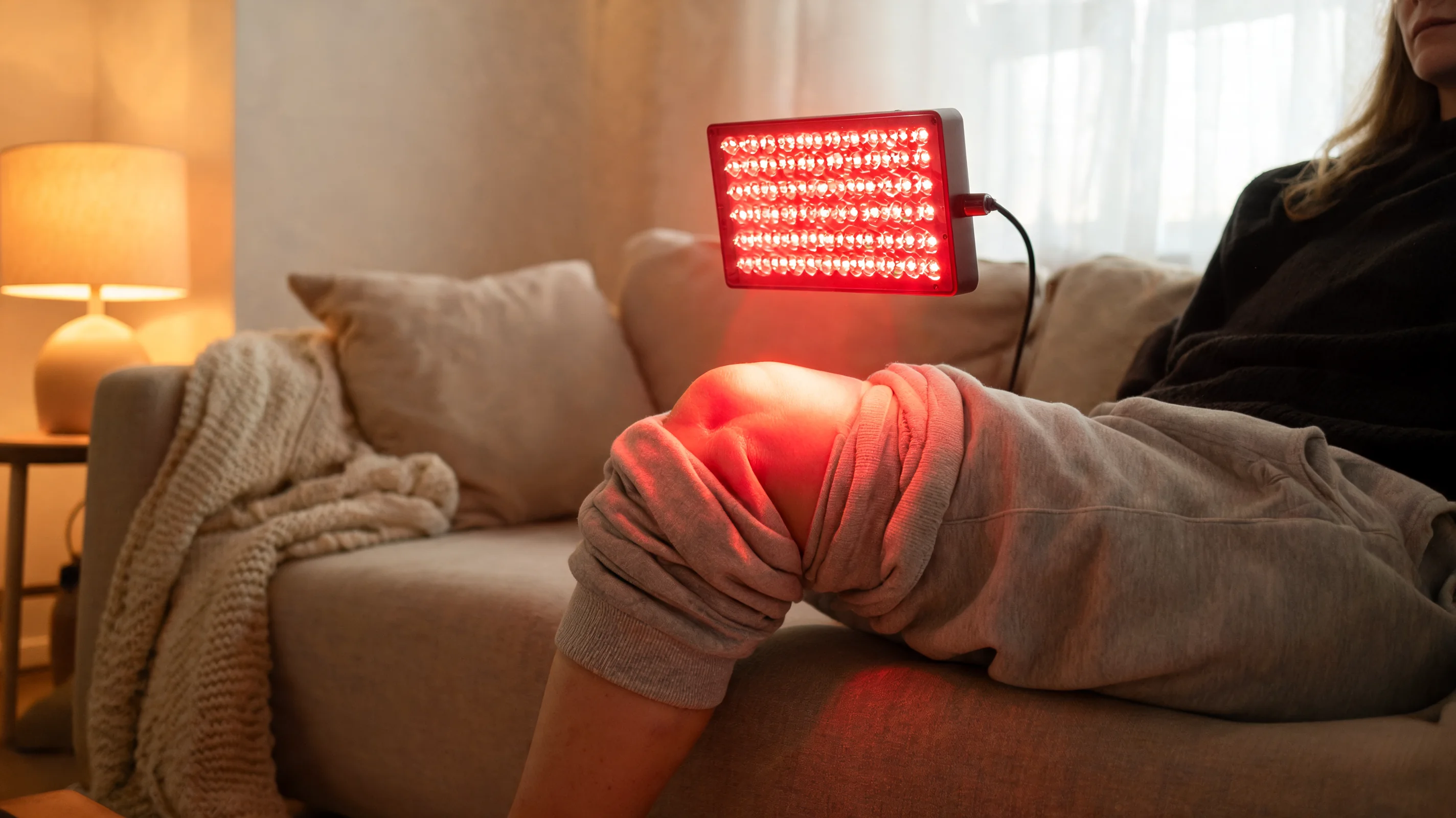Woman using red light therapy on knee at home
