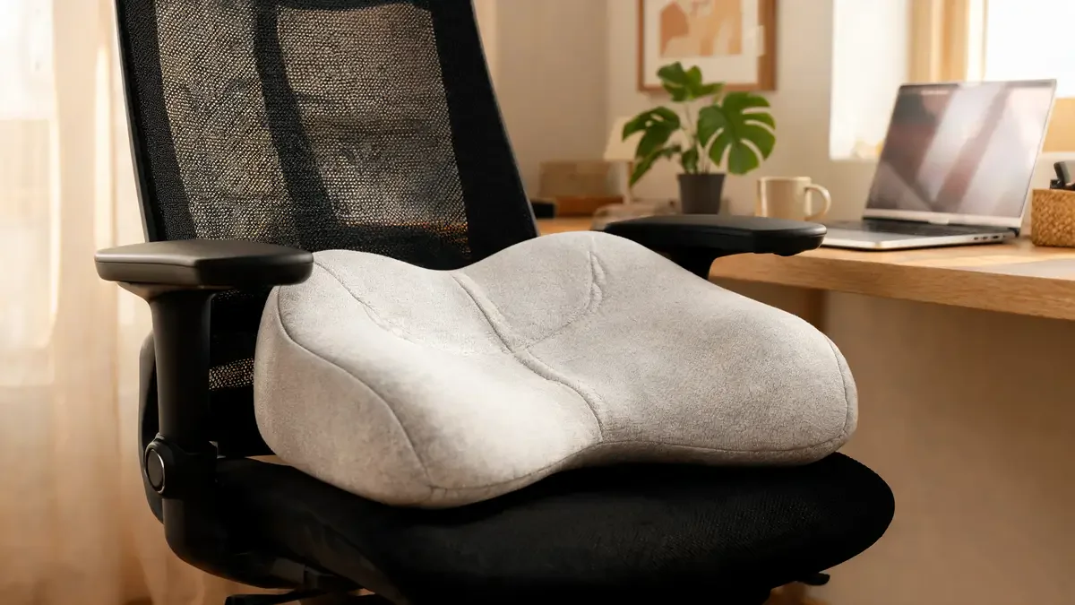 Ergonomic seat cushion on a home office chair in warm light