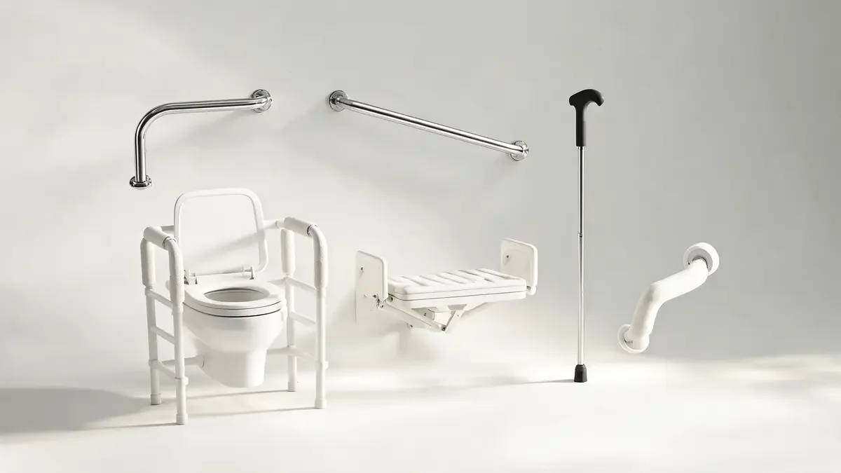 Collection of mobility aids including cane, jar opener, and grab bar on a light surface