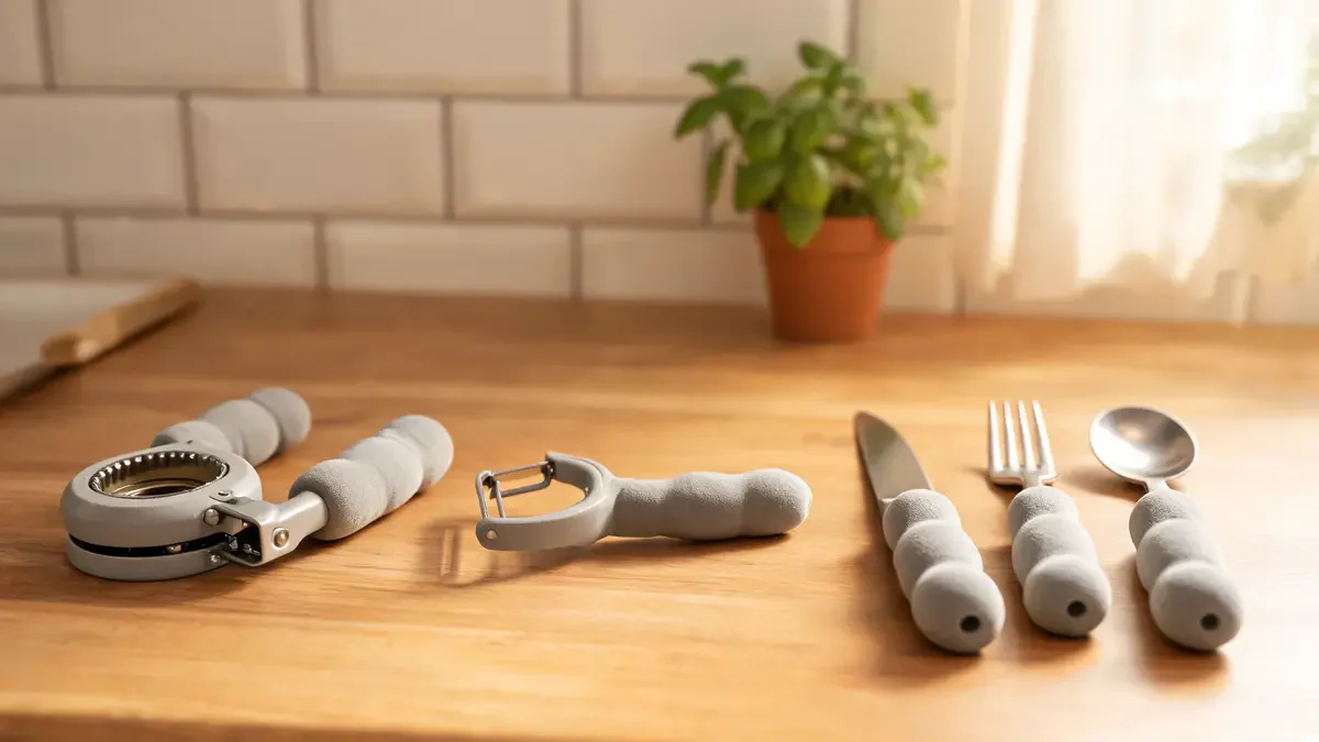 Arthritis-friendly kitchen tools on a kitchen counter in warm home light