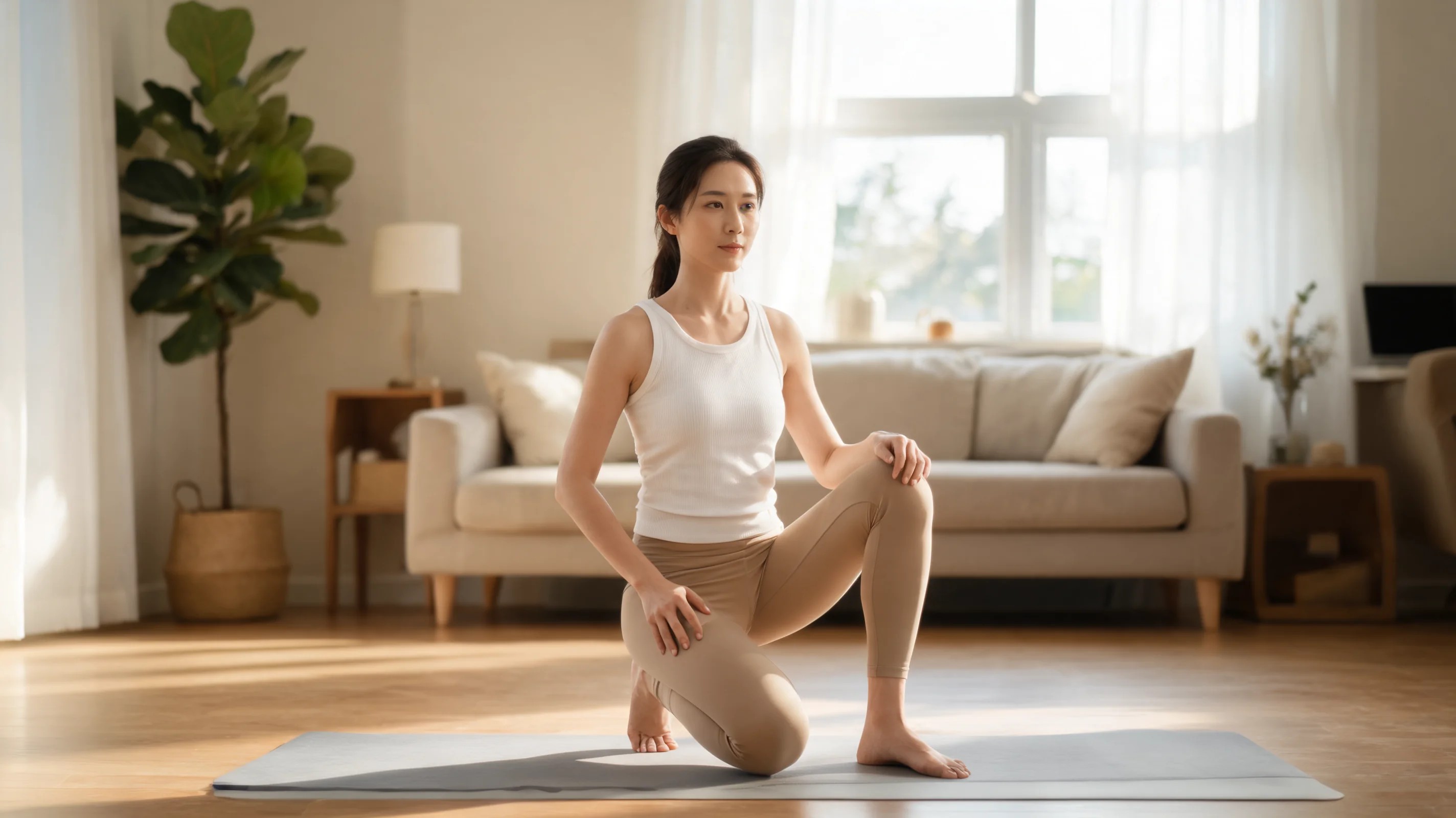Woman doing gentle exercises for arthritic knees on yoga mat