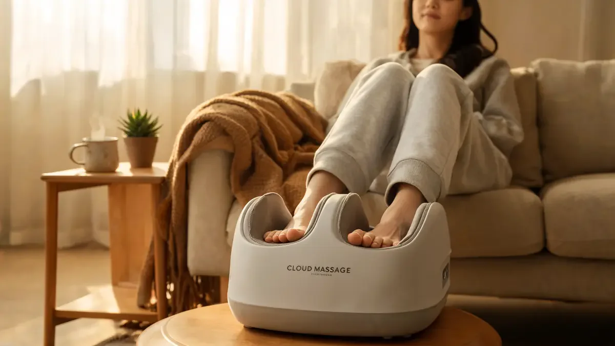Cloud Massage foot massager device in lifestyle use, person's feet inside, warm home setting