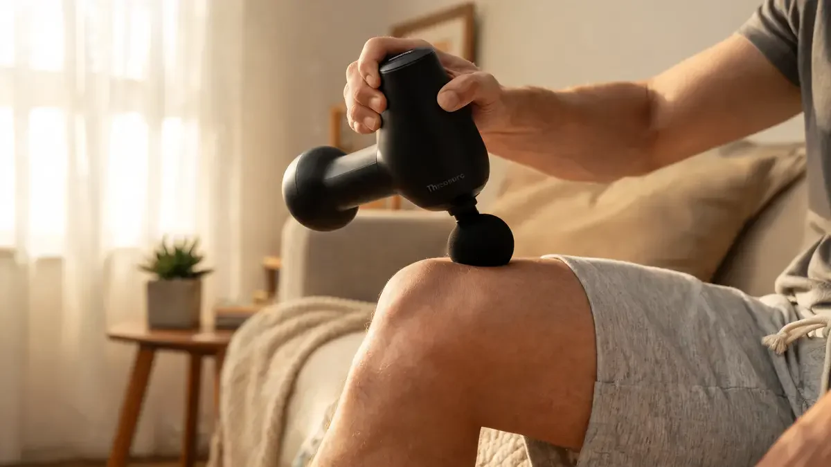 Theragun percussive massage device positioned near a knee, warm editorial photography