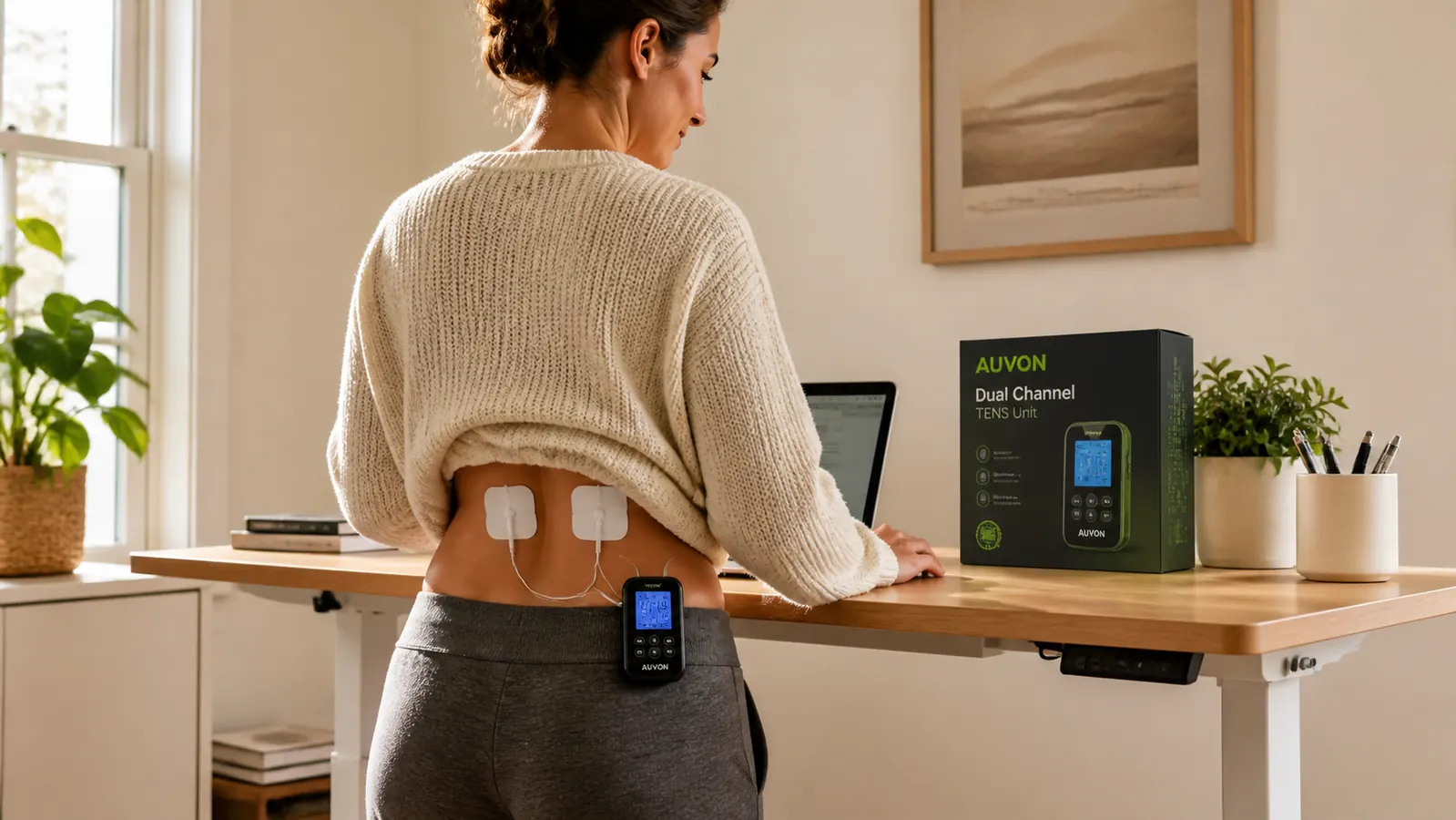 Woman in her 30s with TENS unit clipped to her waistband, electrode pads placed on lower back, standing at a standing desk in a home office