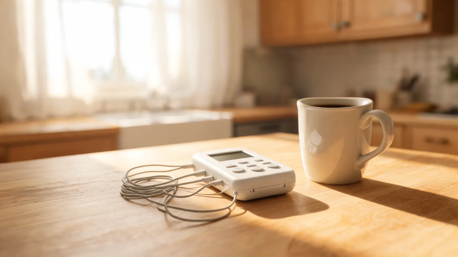 AUVON TENS unit sitting next to a coffee mug on a kitchen counter, soft morning light coming through a window