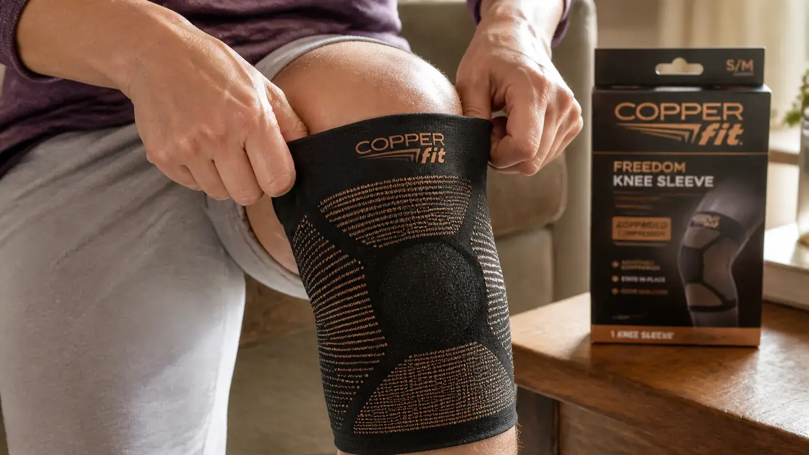 Hands pulling a Copper Fit knee compression sleeve over a bent knee, demonstrating the 5-second application