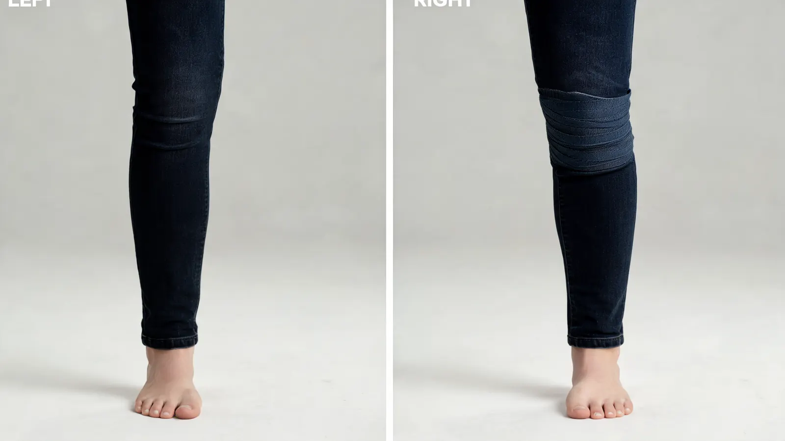 Left side shows a knee sleeve hidden flat under dark jeans, right side shows a leg with a bumpy ACE bandage visibly bulging through thin pants