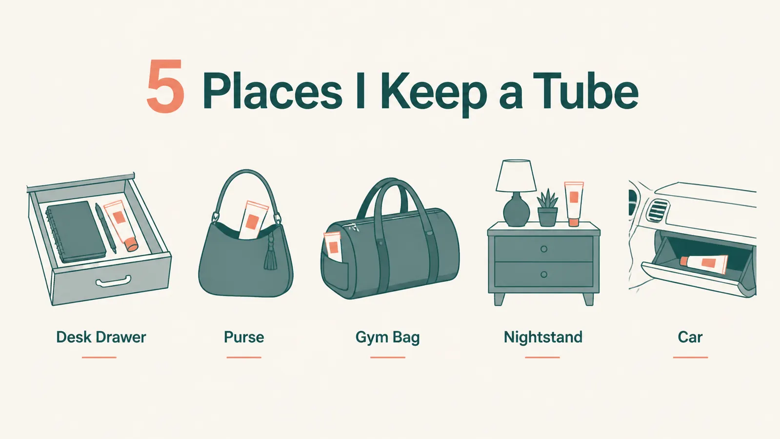 Simple illustrated infographic showing five places to keep a tube of Biofreeze: desk drawer, purse, gym bag, nightstand, and car glove box