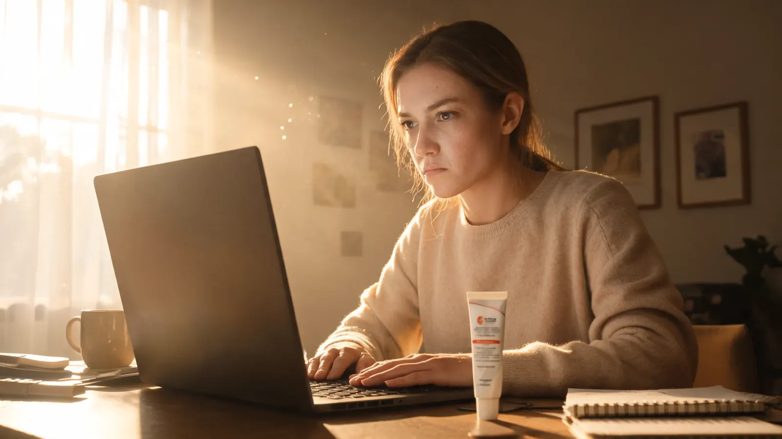 Young woman in her late 20s sitting at a home desk in morning light, hands resting stiffly on the keyboard, a green tube of pain relief cream on the desk beside her laptop
