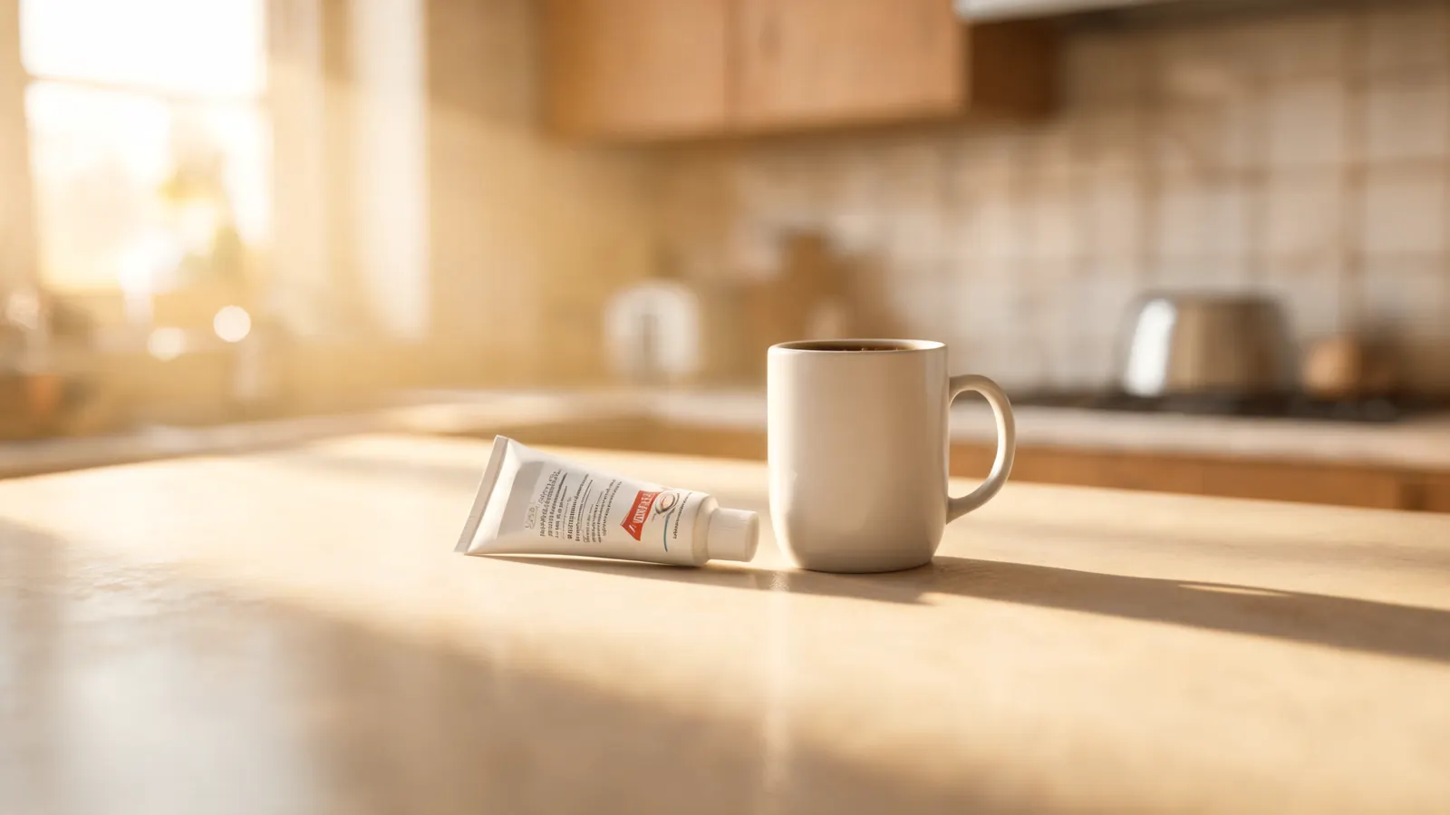 Biofreeze cream tube resting on a kitchen counter next to a white coffee mug, warm morning light