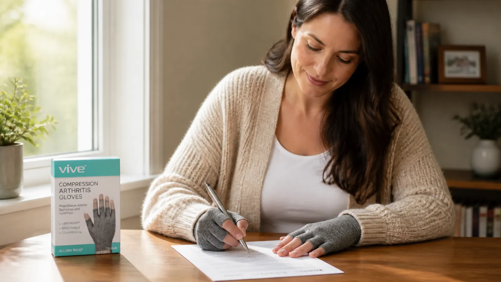 Hands wearing open-finger compression gloves signing a paper document with a ballpoint pen
