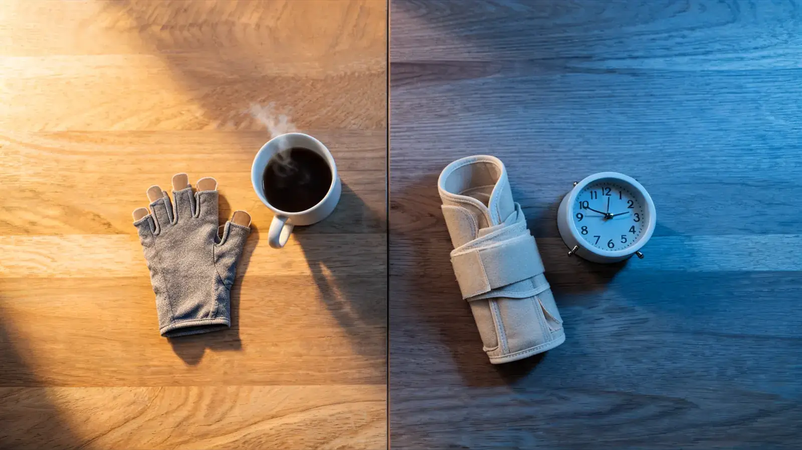 Compression gloves laid on the left side of a wooden surface and a wrist splint on the right side with a subtle day and night visual division between them