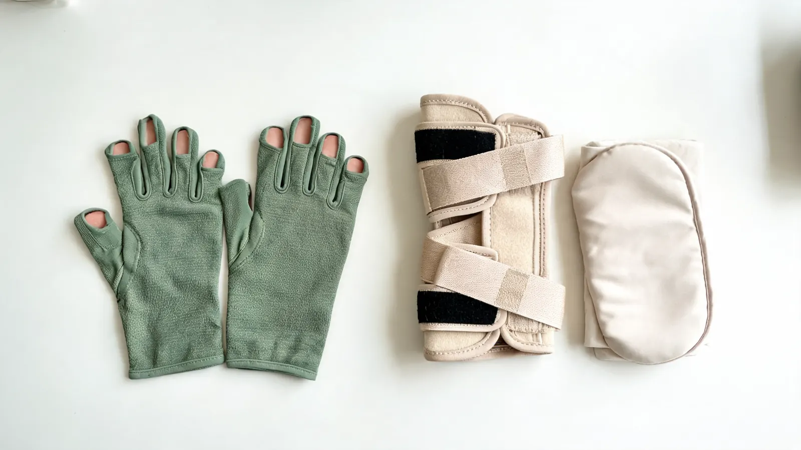 A pair of open-finger compression arthritis gloves and a rigid wrist splint placed side by side on a white desk next to a sleeping mask