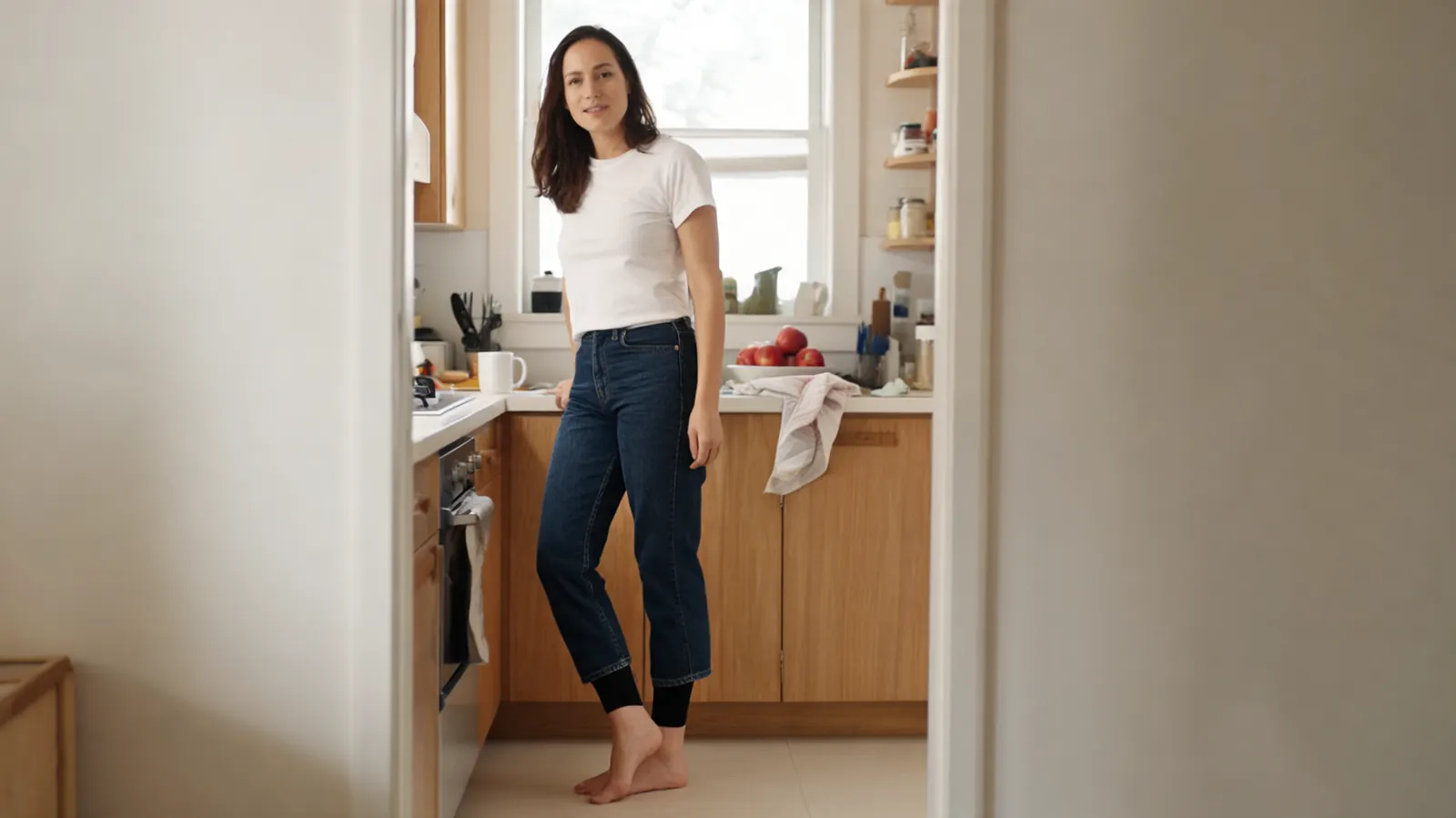 Woman in jeans with a knee compression sleeve barely visible just below the hem at the ankle, standing in a kitchen