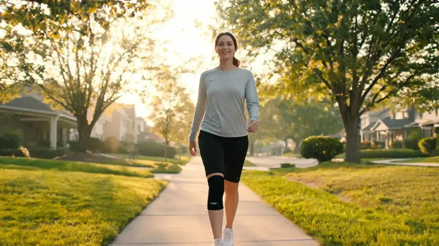 A woman in her early 30s wearing a black knee compression sleeve during a morning walk on a paved path, casual athletic clothes, natural light