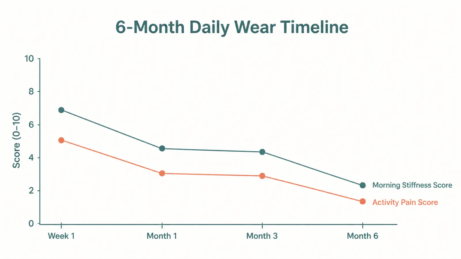 6-month pain and stiffness timeline chart showing gradual improvement from week 1 through month 6 of wearing a knee compression sleeve daily