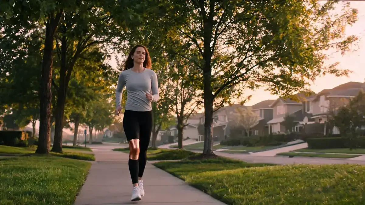 Woman in her early 30s wearing a copper-colored knee compression sleeve on a morning walk in a quiet residential neighborhood, soft golden-hour light