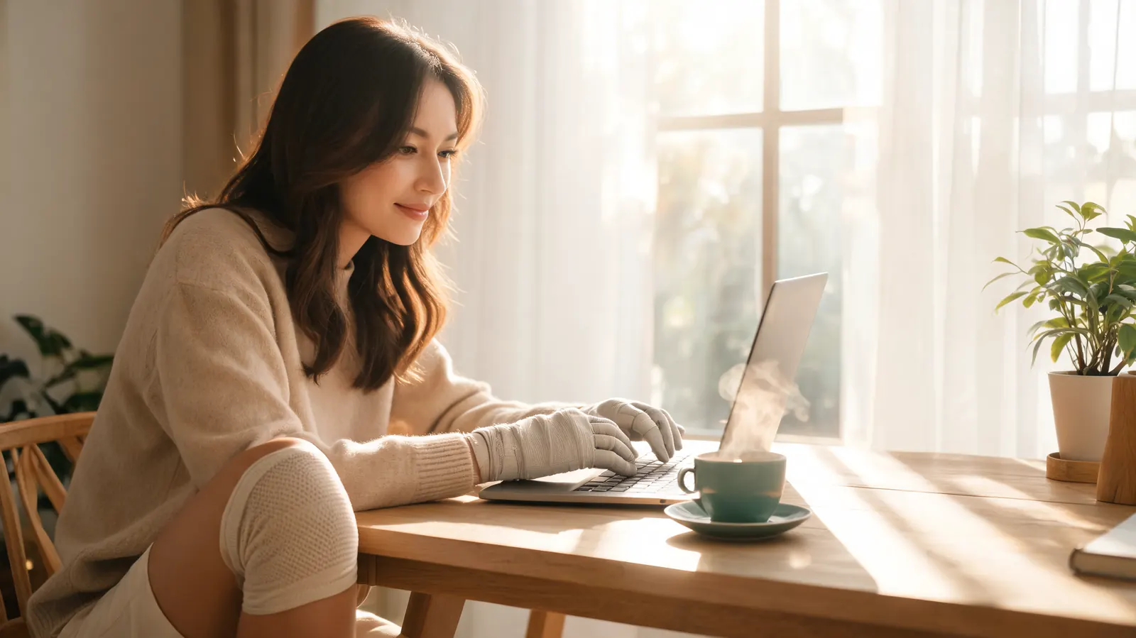 Young woman in her 30s working at a sun-drenched home office, wearing a knee compression sleeve and compression gloves