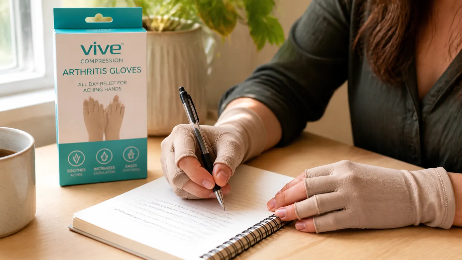 Hands wearing Vive open-finger compression arthritis gloves while holding a pen and writing in a notebook on a desk