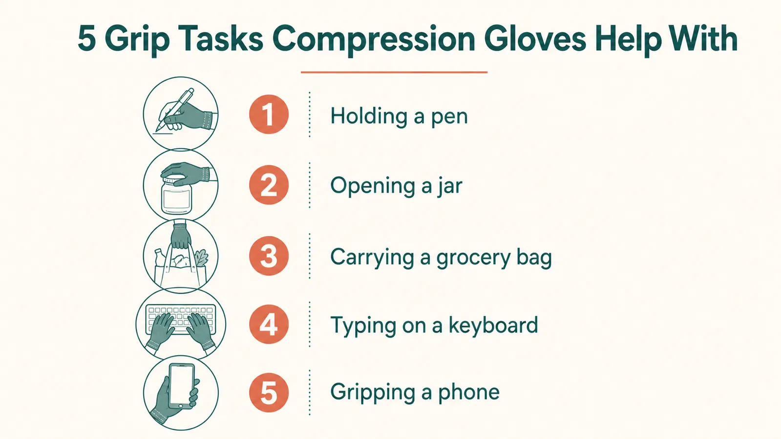 Small illustrated infographic showing five everyday grip tasks that compression gloves help with: holding a pen, opening a jar, carrying a bag, typing, and holding a phone