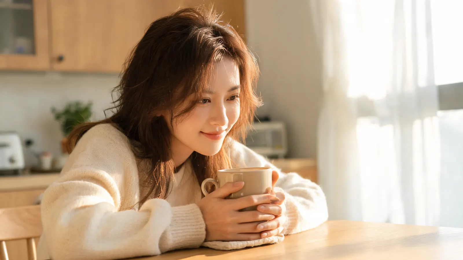 Woman in her 30s sitting at a kitchen table in the morning, holding a coffee mug with both hands, soft golden light through the window, hands clearly visible