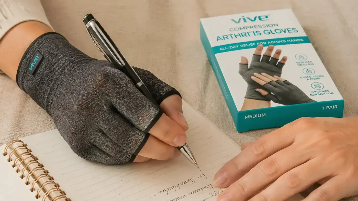Close-up of a hand wearing the Vive compression arthritis glove holding a fat-barrel pen in a relaxed pinch grip