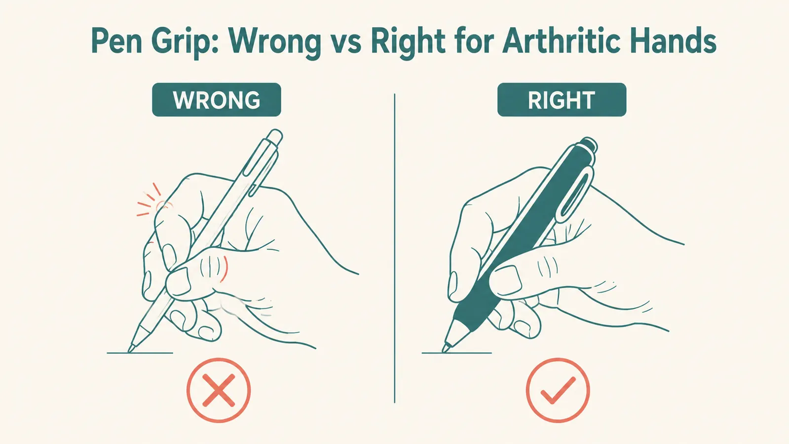 Diagram showing correct pen grip angle: pen shaft at 45 degrees, thumb side pinch, fingers loosely wrapped