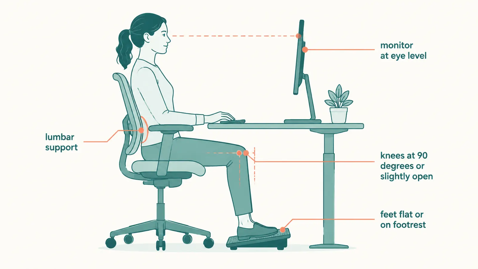 Labeled ergonomic desk setup diagram showing correct knee angle, monitor height, and foot position for knee arthritis