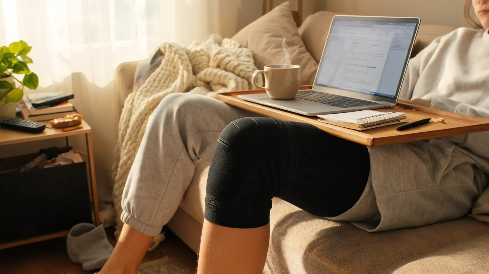 Laptop, ceramic coffee mug, and knee compression sleeve visible on a leg resting on a couch cushion in a work-from-home setting