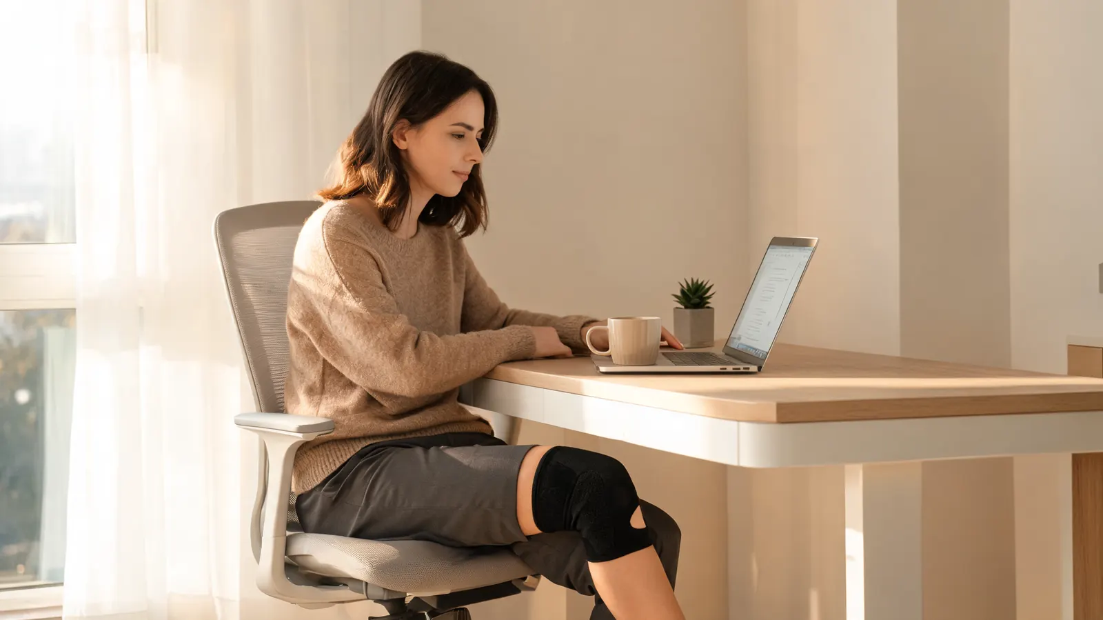Woman in her 30s sitting at a home office desk, compression sleeve visible on her knee, laptop open in a bright room