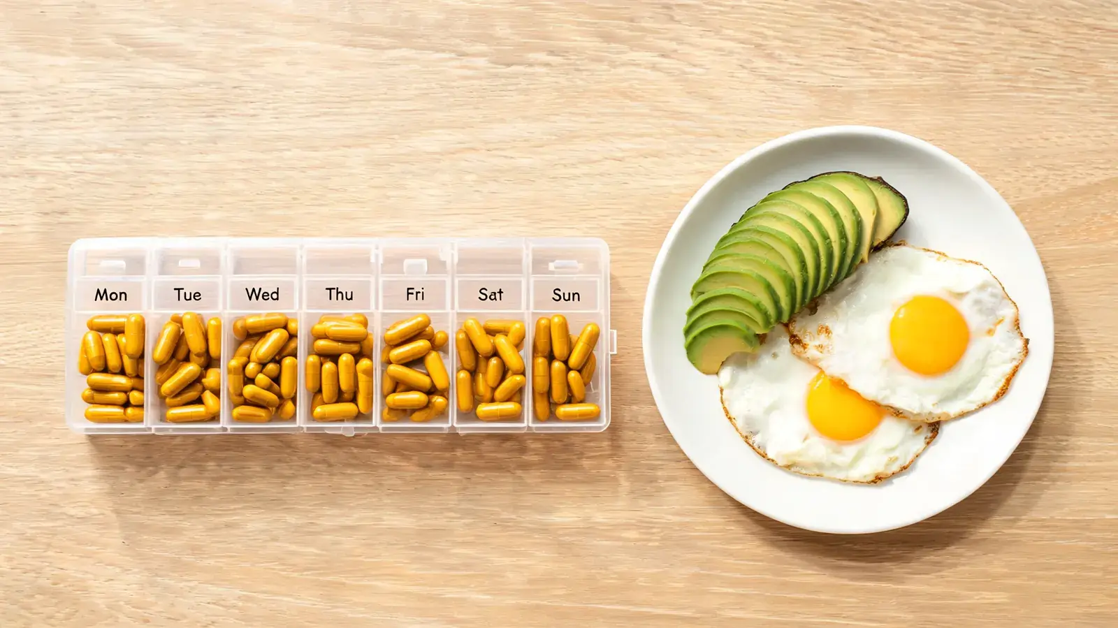 Turmeric capsules arranged in a weekly pill organizer on a breakfast table