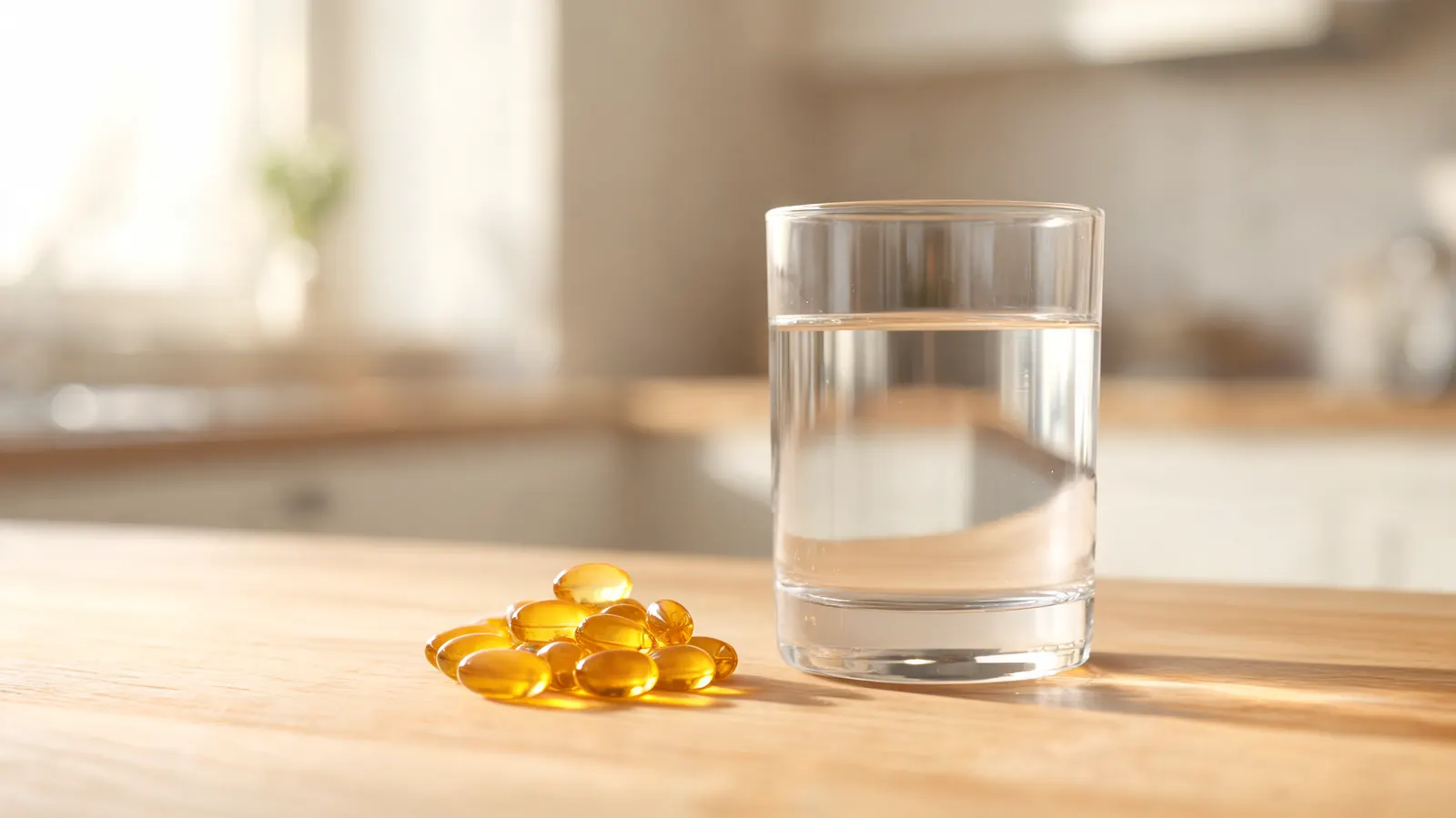 Turmeric capsules and a glass of water on a wooden countertop in warm morning light