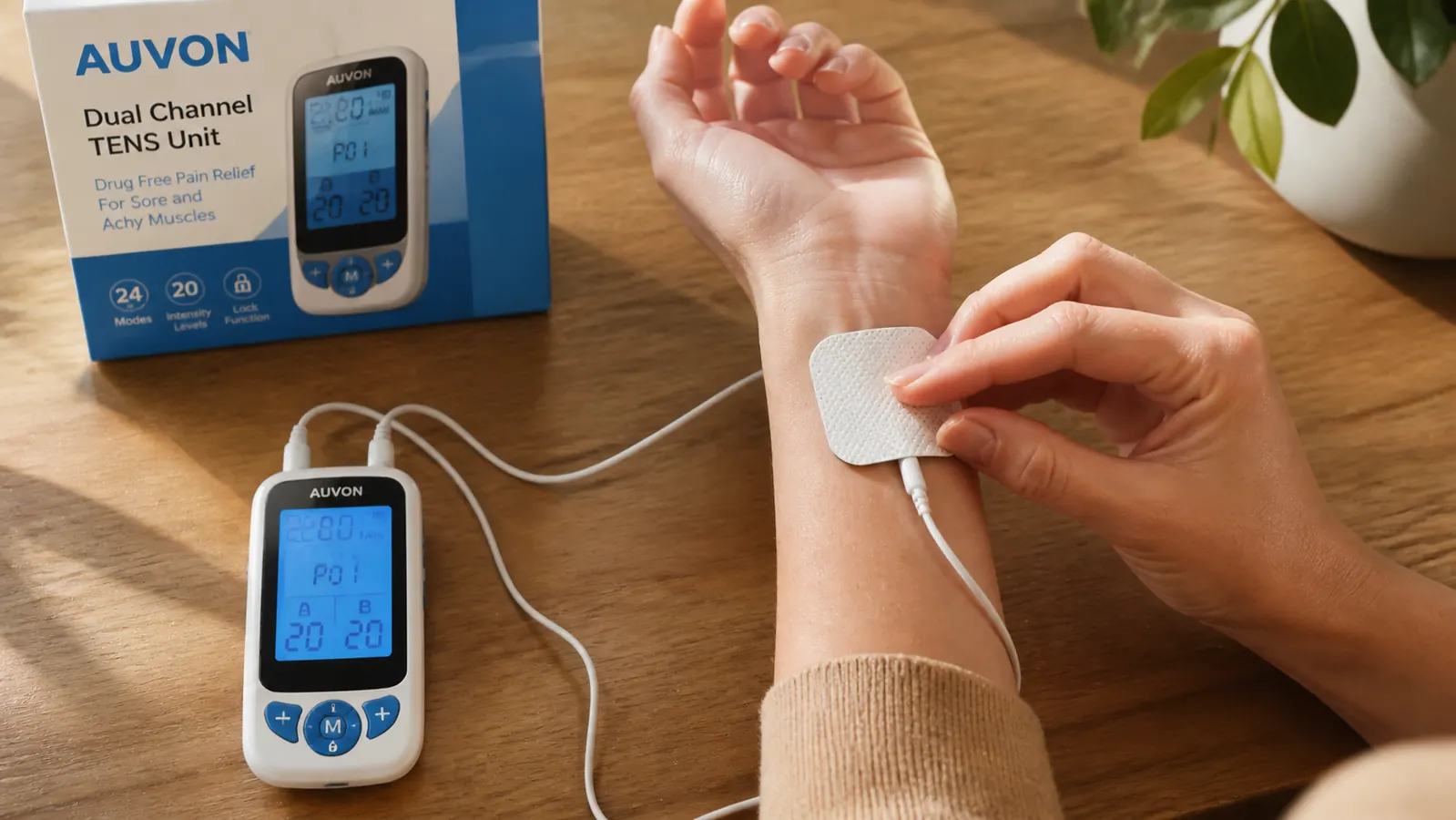 Close-up of hands attaching a TENS electrode pad to the wrist area, AUVON TENS unit visible in background