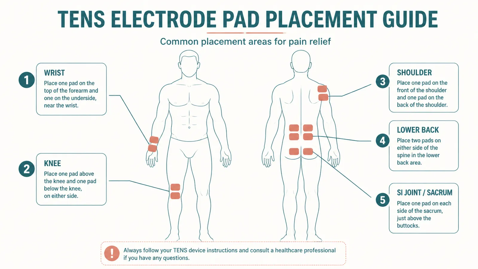 Illustrated diagram showing TENS electrode pad placement locations for five common arthritis-affected joints: wrist, knee, SI joint, shoulder, and lower back, with labeled placement zones