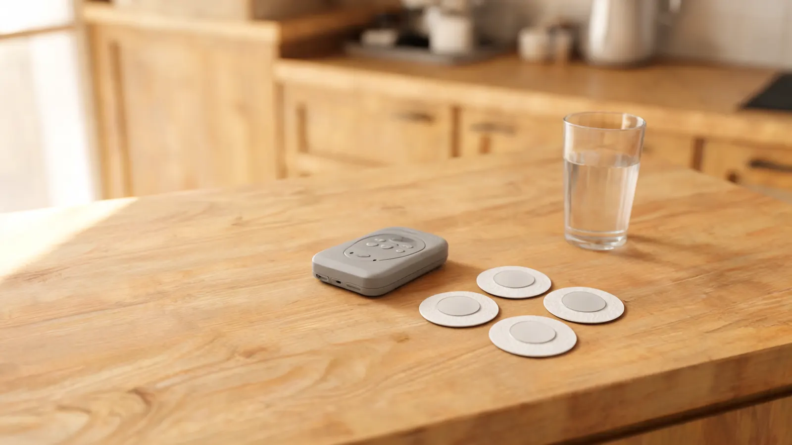 TENS unit device and a set of electrode pads arranged on a kitchen counter next to a glass of water, quiet morning preparation scene