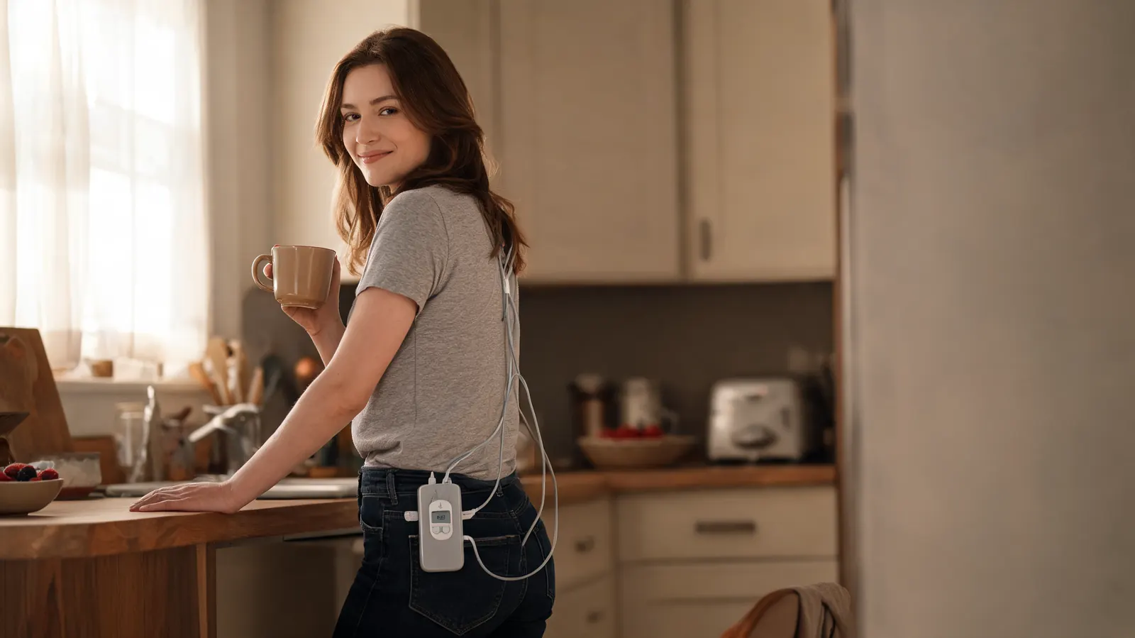 Woman in her early 30s standing at a kitchen counter, TENS unit clipped to her waistband with electrode lead wires running under her shirt to pads on her lower back, morning light from a window, calm everyday scene