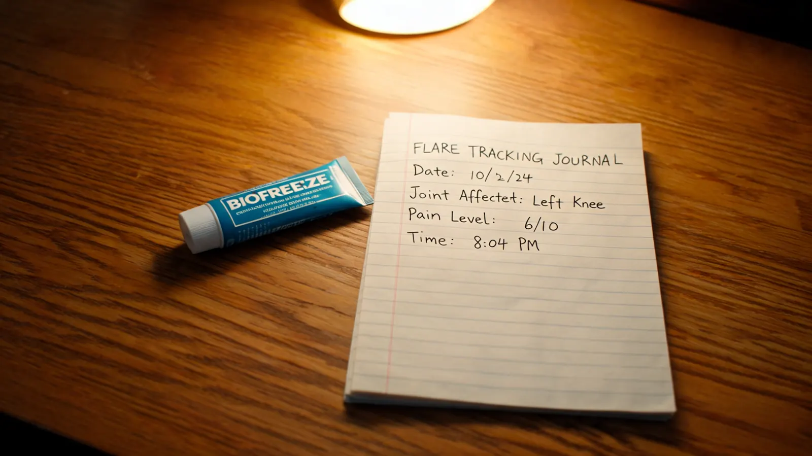 Biofreeze tube on a desk next to a notepad with a handwritten flare tracking journal entry