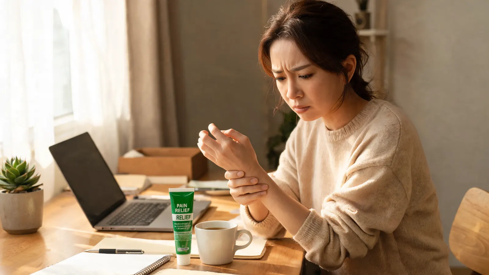Young woman in her 30s at a desk during a workday arthritis flare, a tube of Biofreeze pain cream and her hand visible beside her keyboard, soft morning window light